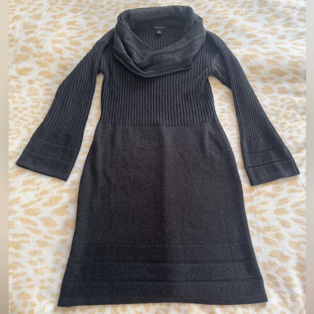 Spense dark gray knitted , knee high, bell sleeves wool dress size M